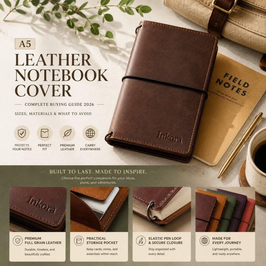 Premium refillable leather journal cover with A5 size, showcasing multiple colors, high-quality craftsmanship, and travel-ready design.