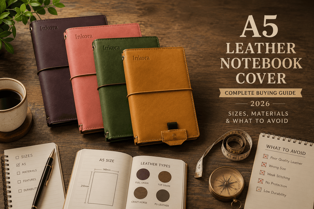 A5 leather notebook covers in multiple colors with open notebook pages and accessories, showing sizes and leather types.