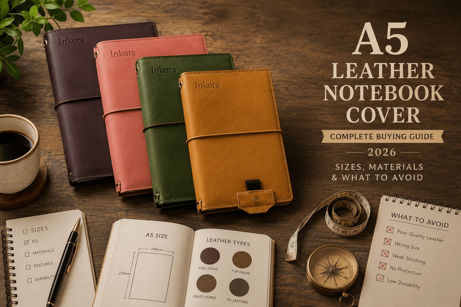 A5 leather notebook covers in multiple colors with open notebook pages and accessories, showing sizes and leather types.