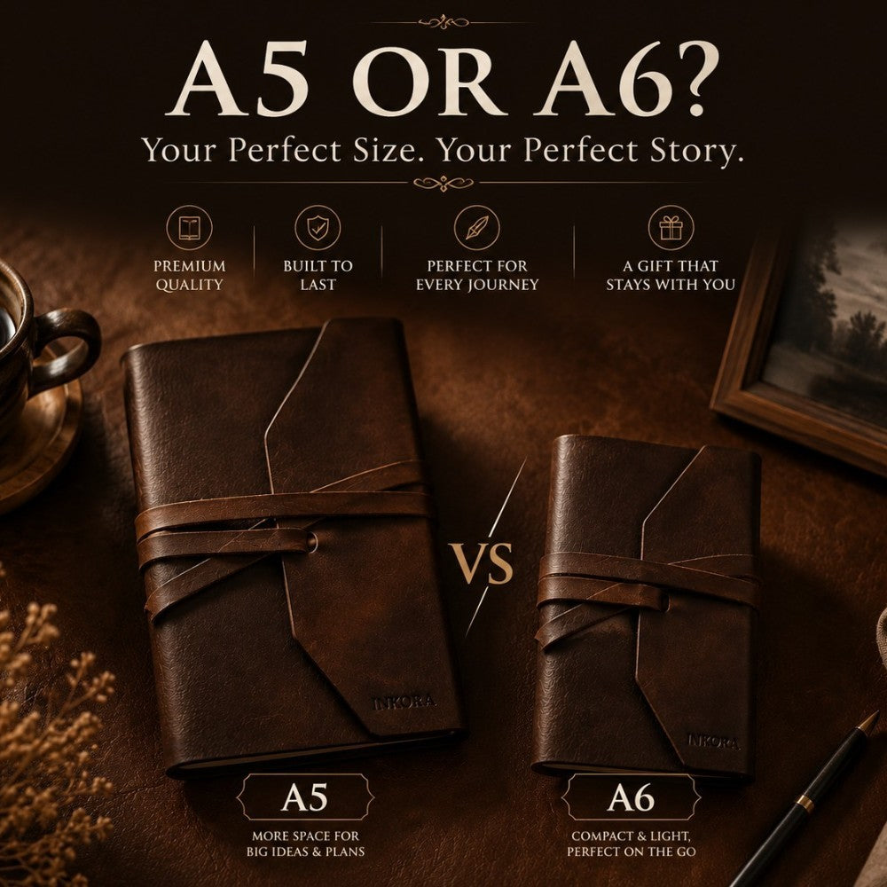 A5 and A6 leather journal covers displayed on a warm wooden desk, showing refillable inserts and premium craftsmanship, highlighting size comparison for writing, travel, and daily planning.