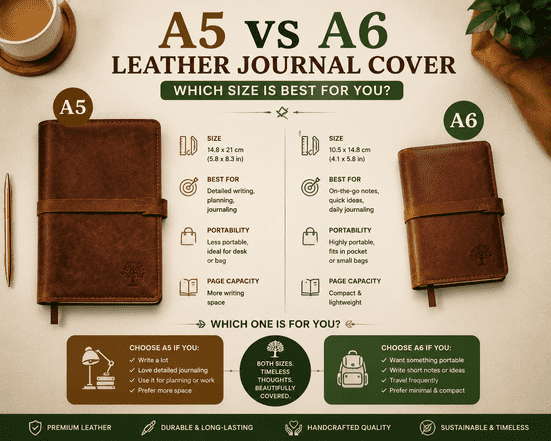 A5 vs A6 leather journal covers side by side on a desk, showing size comparison, portability, page capacity, and premium leather quality for writing and journaling.