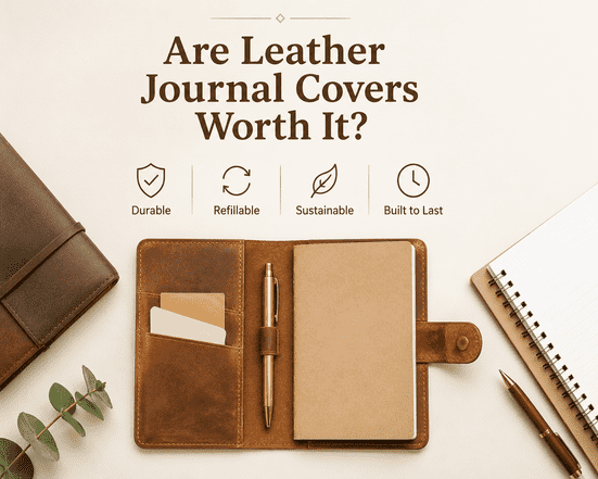 Premium leather journal cover on a light desk with pen and coffee, showing durability, refillable design, and everyday use.