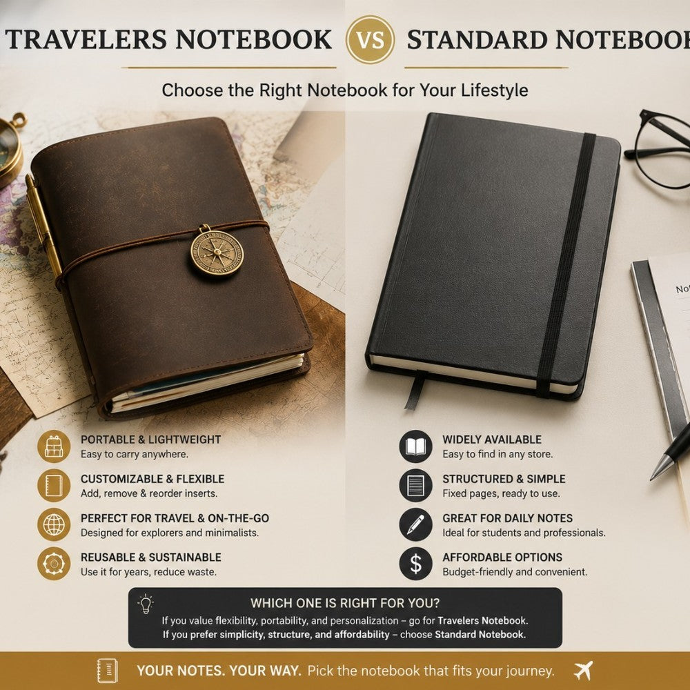 A5 Travelers Notebook and A6 Standard Notebook on a warm desk, showing refillable leather journal covers for travel, daily writing, and organization.