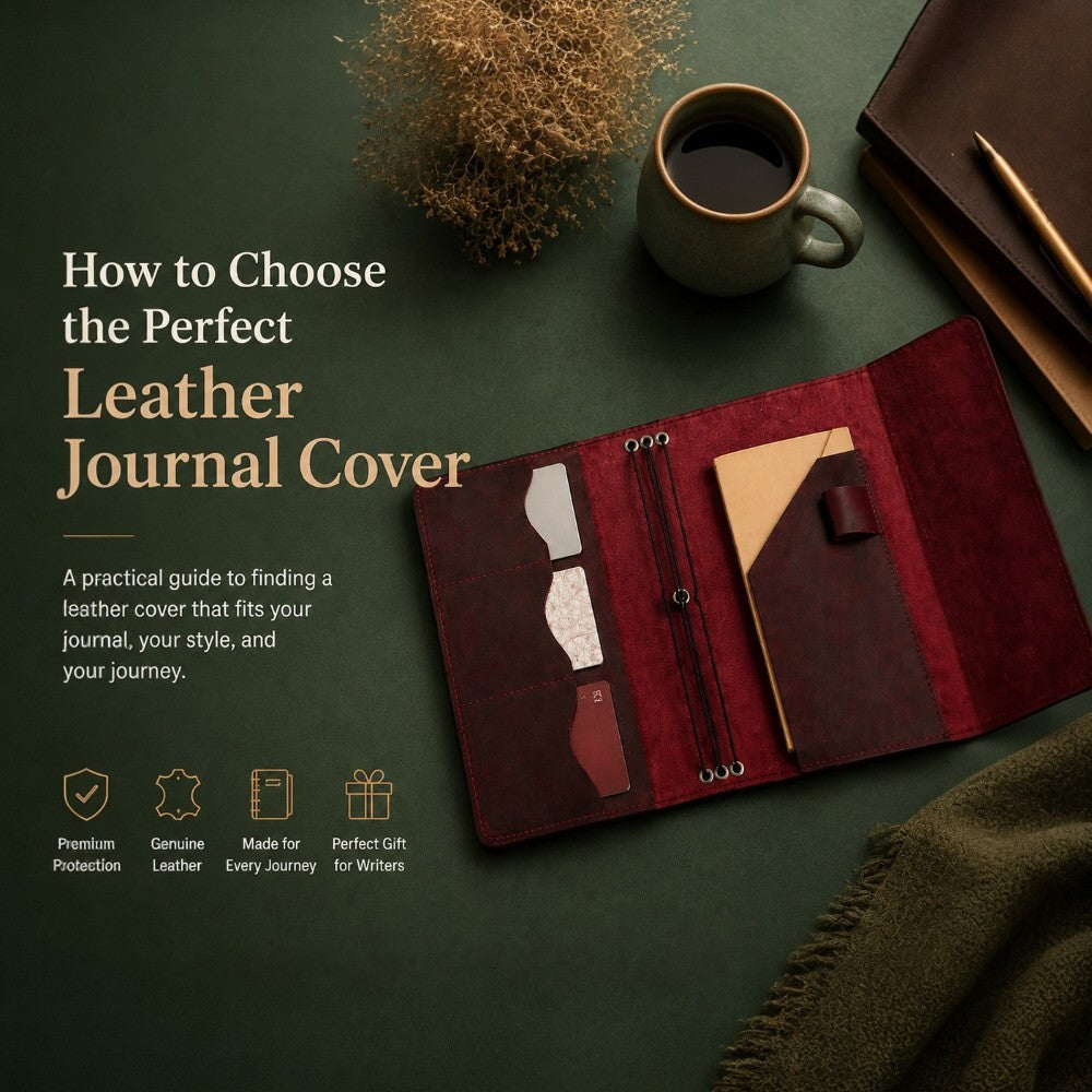 A5 and A6 leather journal covers with refillable inserts on a warm desk, showcasing premium craftsmanship, protection, and perfect gift options for writers and travelers.