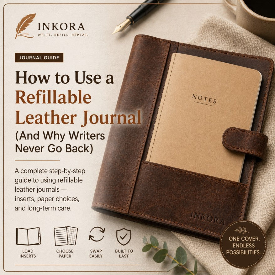Refillable leather journal by Inkora on a desk with coffee and pen, illustrating the switch from regular notebooks to a reusable leather journal.