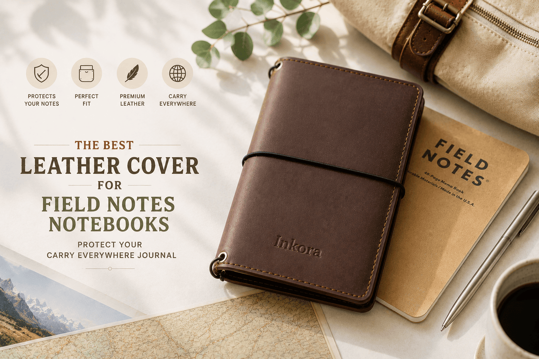 Refillable leather journal cover embossed with Inkora logo, placed on a travel map with Field Notes notebook, pen, coffee cup, and scenic photo, showcasing portability, premium craftsmanship, and travel-ready use.
