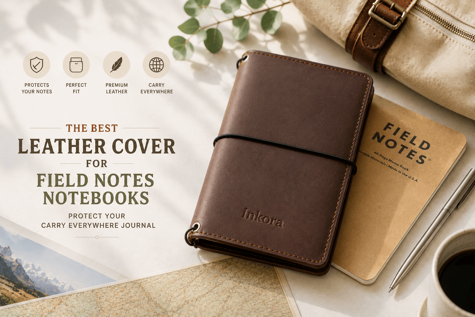 Refillable leather journal cover embossed with Inkora logo, placed on a travel map with Field Notes notebook, pen, coffee cup, and scenic photo, showcasing portability, premium craftsmanship, and travel-ready use.