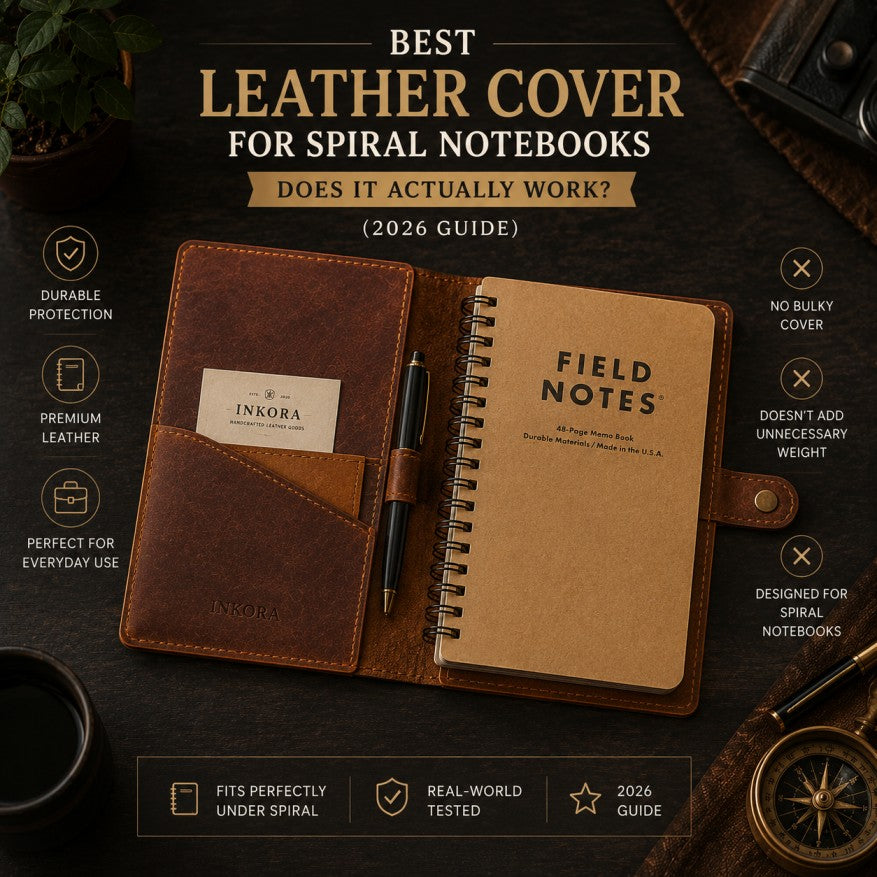 Open spiral notebook inside a premium leather cover, showcasing refillable pages, durable craftsmanship, and functional design for journaling, note-taking, and daily writing.