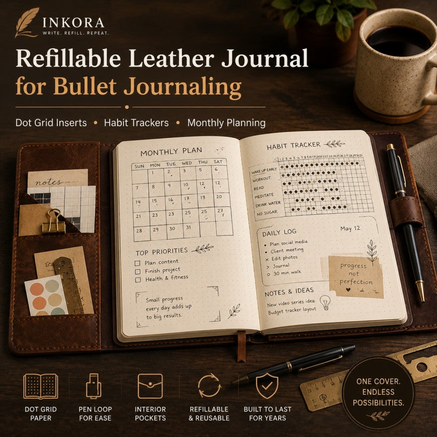 Refillable leather journal for bullet journaling with dot grid pages