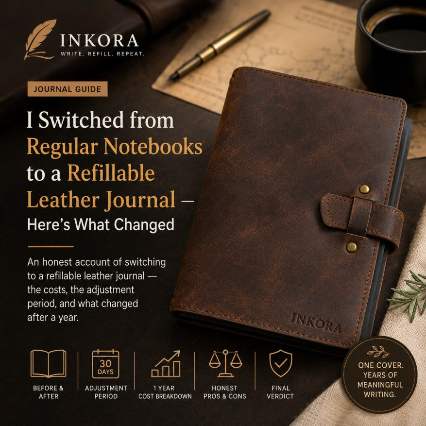 Black refillable leather journal with a world map embossed on the cover, handcrafted by Inkora. The journal features a secure leather strap closure and premium full-grain leather construction