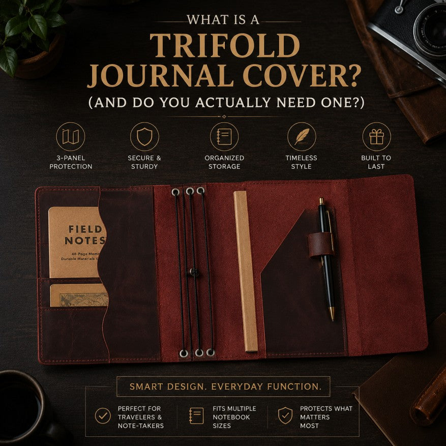 Trifold leather journal cover opened on a white surface, showing card slots, pen holder, and refillable notebook inserts, highlighting organization, portability, and premium craftsmanship.