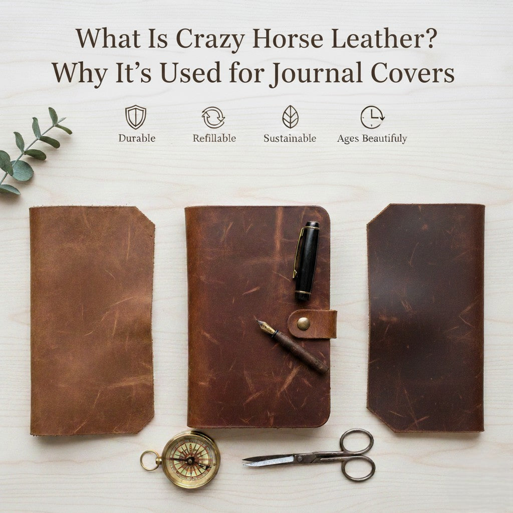 Crazy horse leather journal cover on a light desk with pen and notebook inserts, showing texture, patina aging, durability, and premium quality for writing and travel.