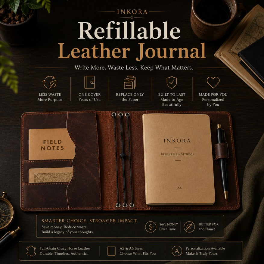 Refillable leather journal on a warm flat lay desk scene, highlighting full-grain leather cover, durable design, and customizable inserts for daily writing and journaling.