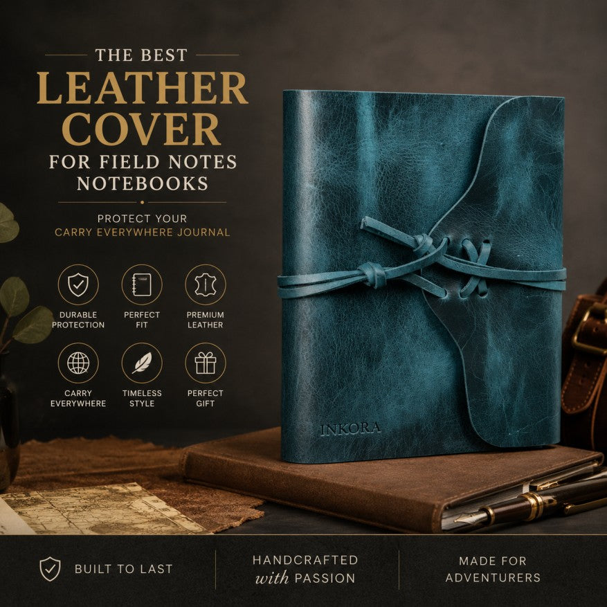 Premium refillable leather notebook cover by Inkora, angled on a clean studio surface with soft lighting, showcasing embossed brand name and high-quality craftsmanship, perfect for daily writing, travel, and organization.