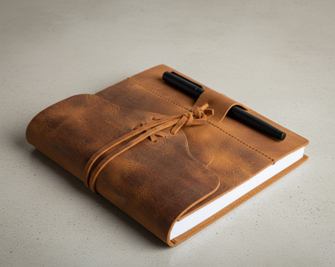 Refillable Leather Travel Journal with Dual Pen Holder – Wrap Closure Notebook