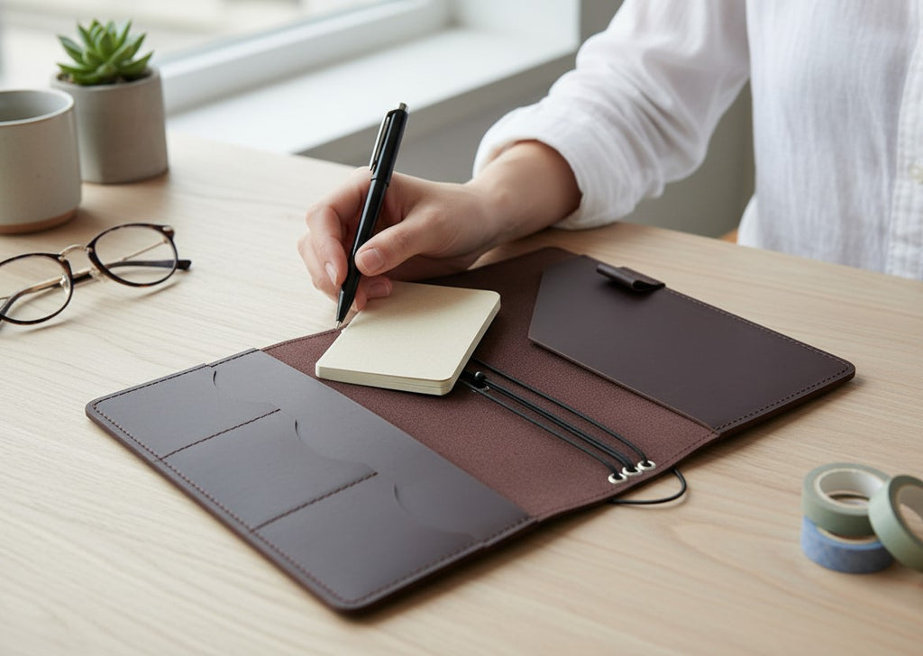 Classic Brown Leather Journal Organizer with Card Slots – Refillable Planner Cover