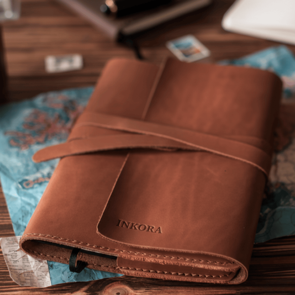 Minimalist Leather Journal Cover with Wrap Strap – Modern Refillable Notebook