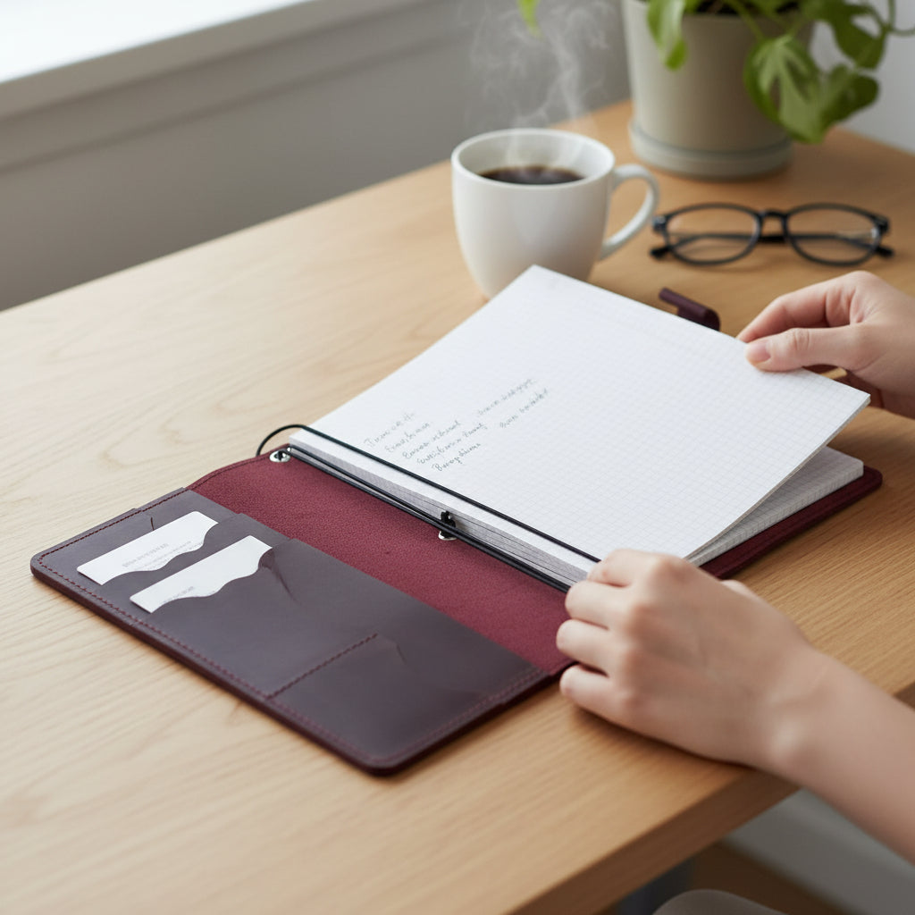 Burgundy Leather Journal Organizer with Card Slots – Executive Refillable Notebook Cover