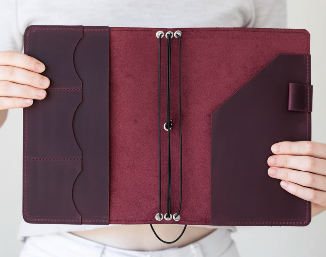 Burgundy Leather Journal Organizer with Card Slots – Executive Refillable Notebook Cover