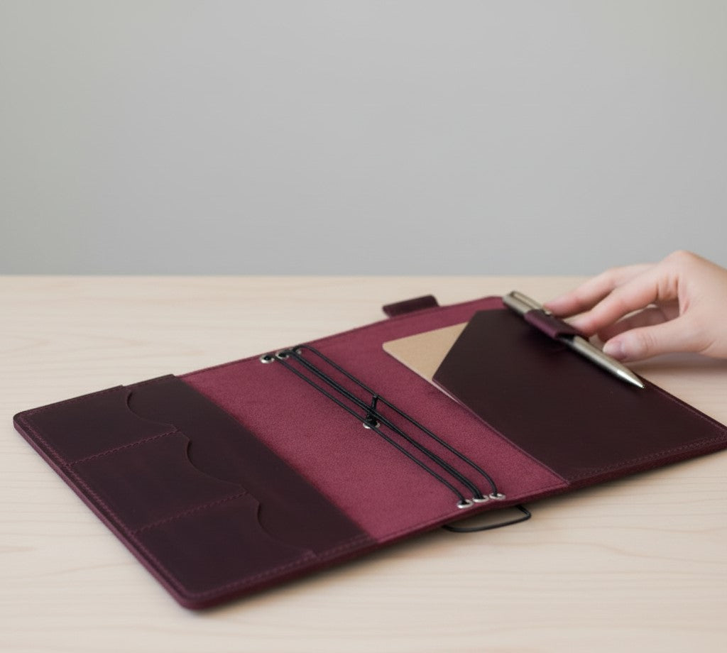 Burgundy Leather Journal Organizer with Card Slots – Executive Refillable Notebook Cover