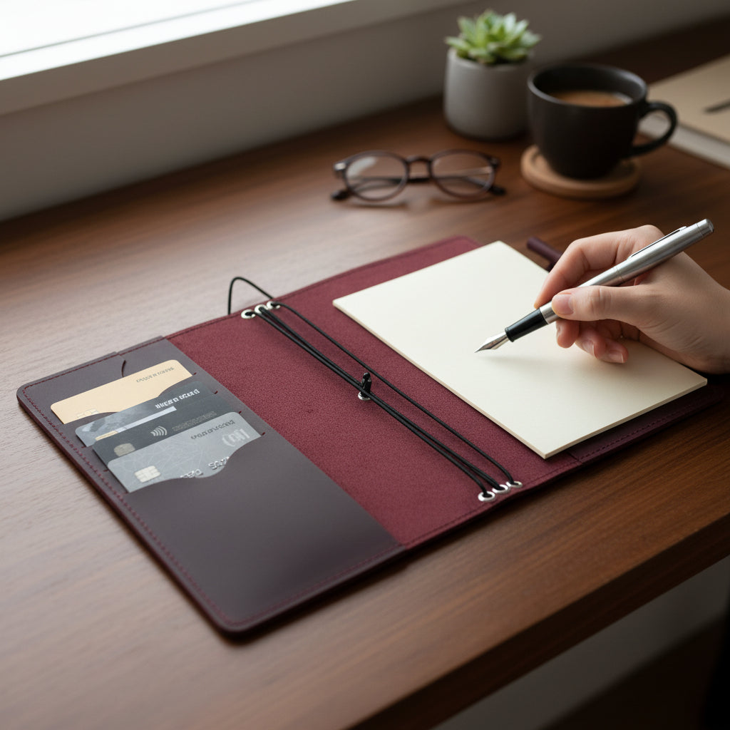 Burgundy Leather Journal Organizer with Card Slots – Executive Refillable Notebook Cover