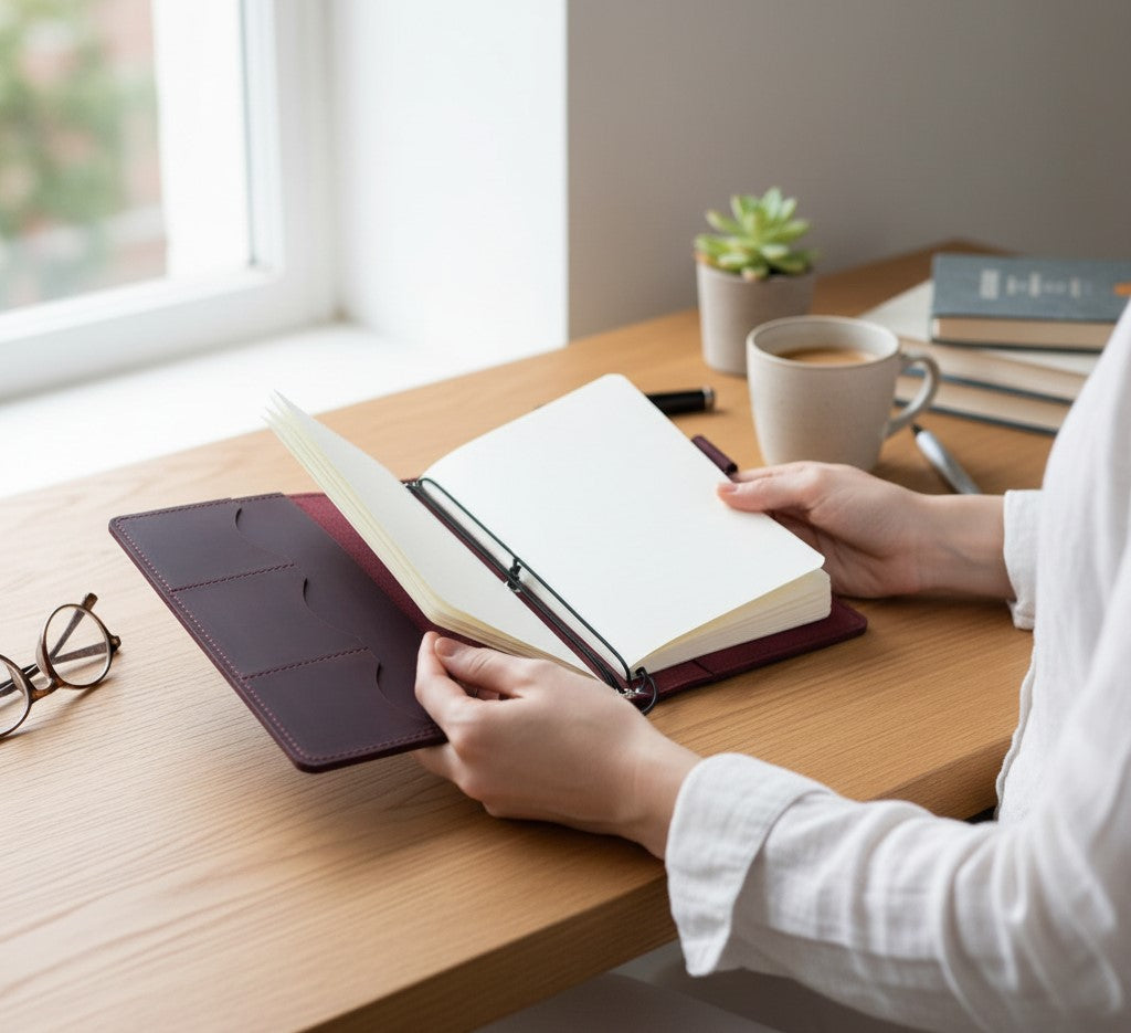 Burgundy Leather Journal Organizer with Card Slots – Executive Refillable Notebook Cover
