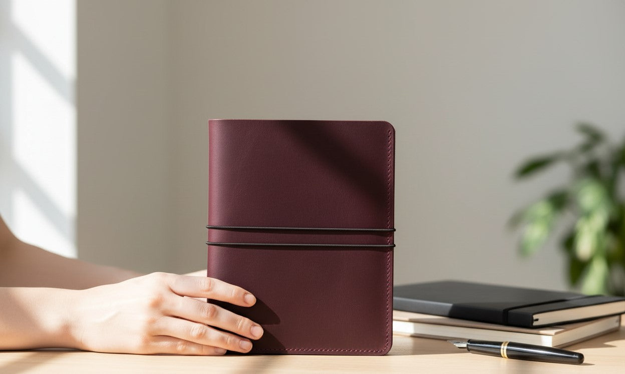 Burgundy Leather Journal Organizer with Card Slots – Executive Refillable Notebook Cover