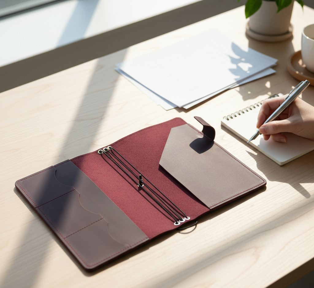 Burgundy Leather Journal Organizer with Card Slots – Executive Refillable Notebook Cover