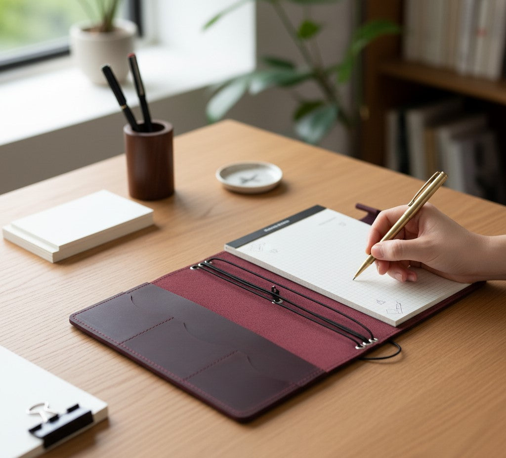 Burgundy Leather Journal Organizer with Card Slots – Executive Refillable Notebook Cover
