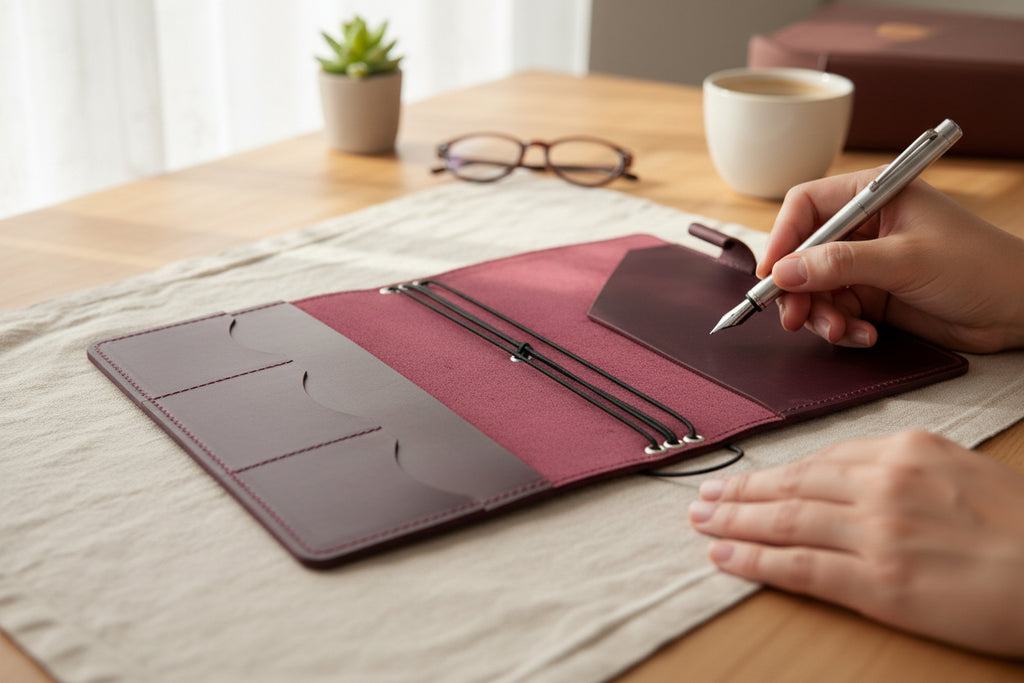 Burgundy Leather Journal Organizer with Card Slots – Executive Refillable Notebook Cover
