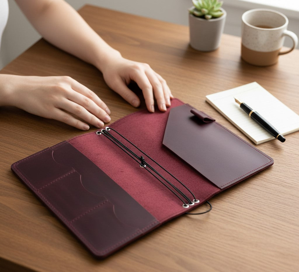 Burgundy Leather Journal Organizer with Card Slots – Executive Refillable Notebook Cover