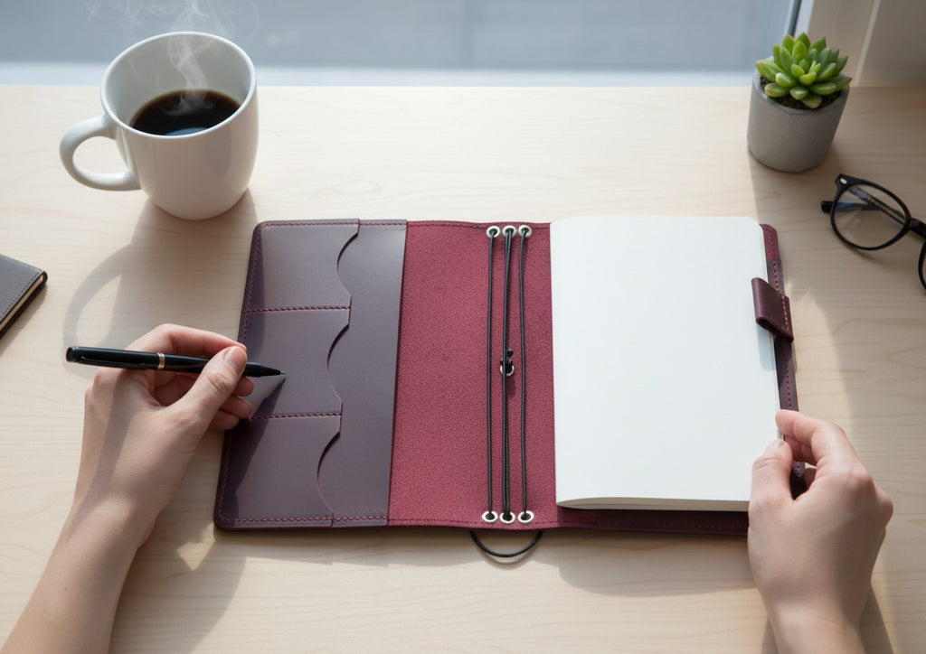 Burgundy Leather Journal Organizer with Card Slots – Executive Refillable Notebook Cover