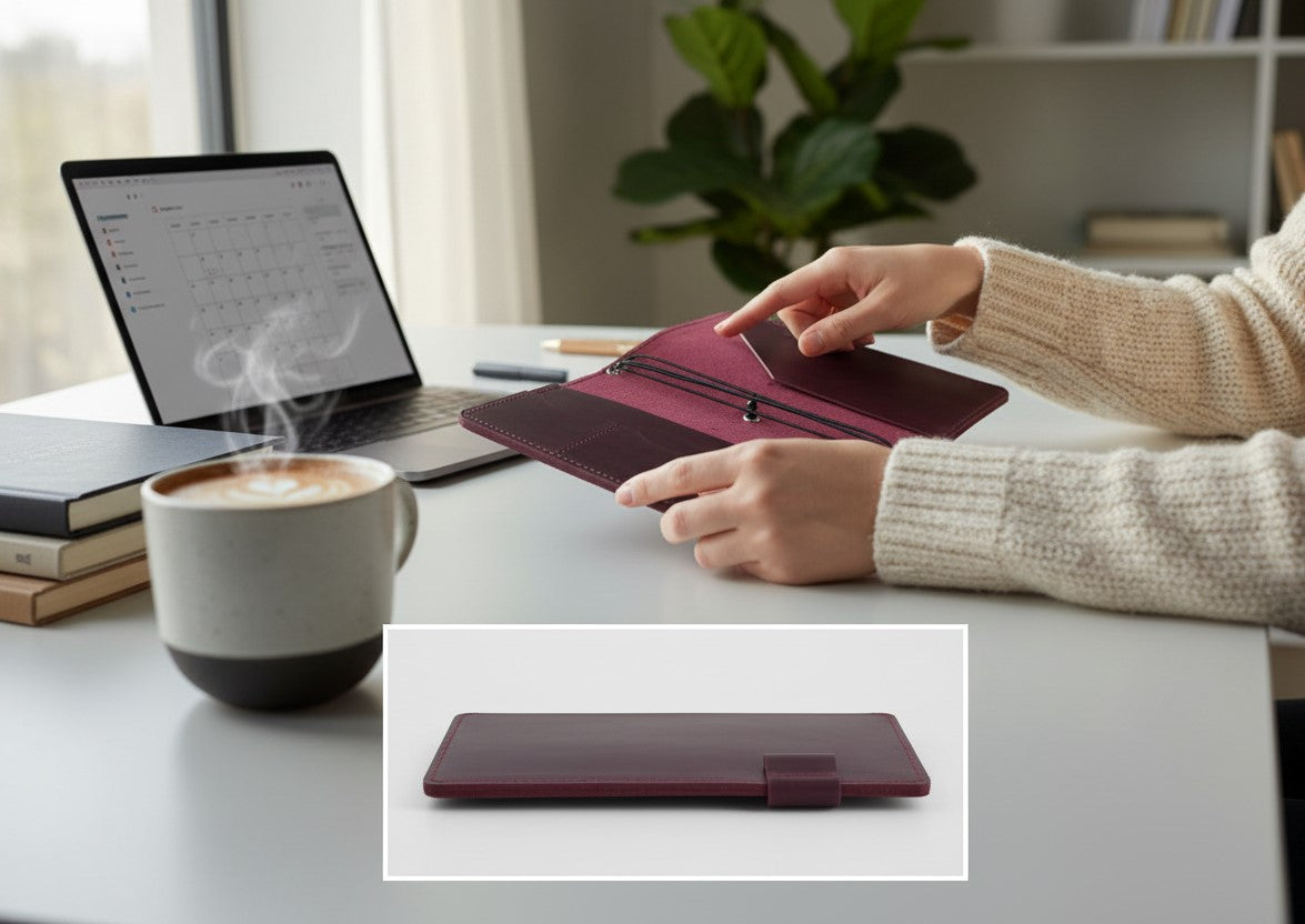 Burgundy Leather Journal Organizer with Card Slots – Executive Refillable Notebook Cover