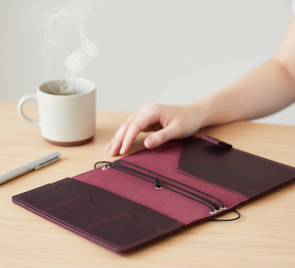 Burgundy Leather Journal Organizer with Card Slots – Executive Refillable Notebook Cover