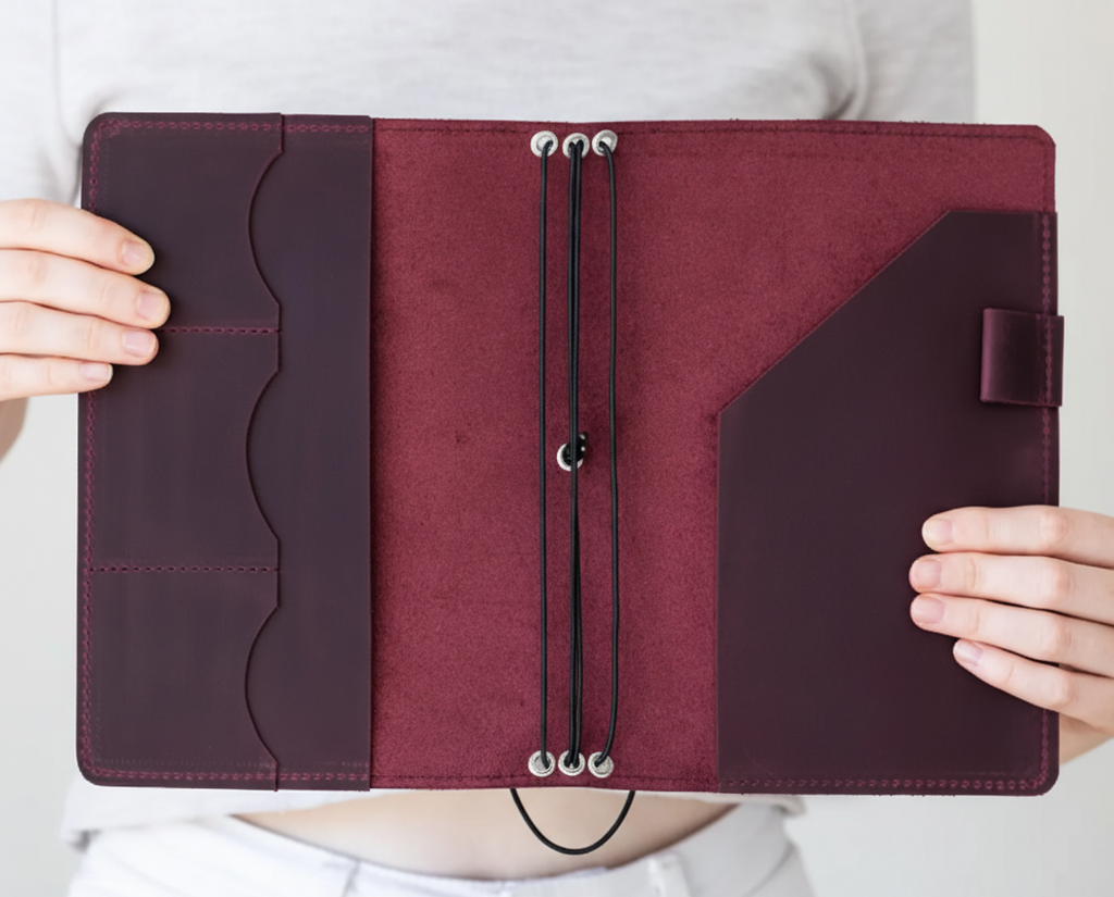 Burgundy Leather Journal Organizer with Card Slots – Executive Refillable Notebook Cover