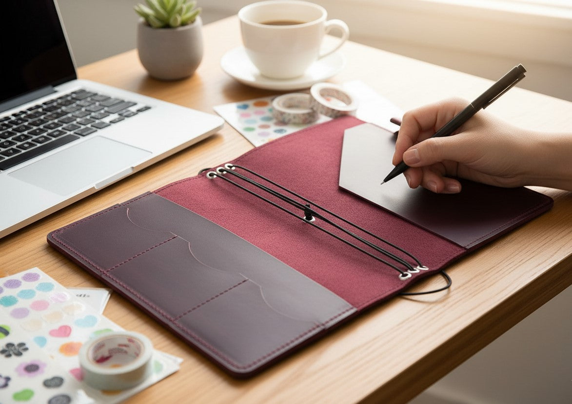 Burgundy Leather Journal Organizer with Card Slots – Executive Refillable Notebook Cover