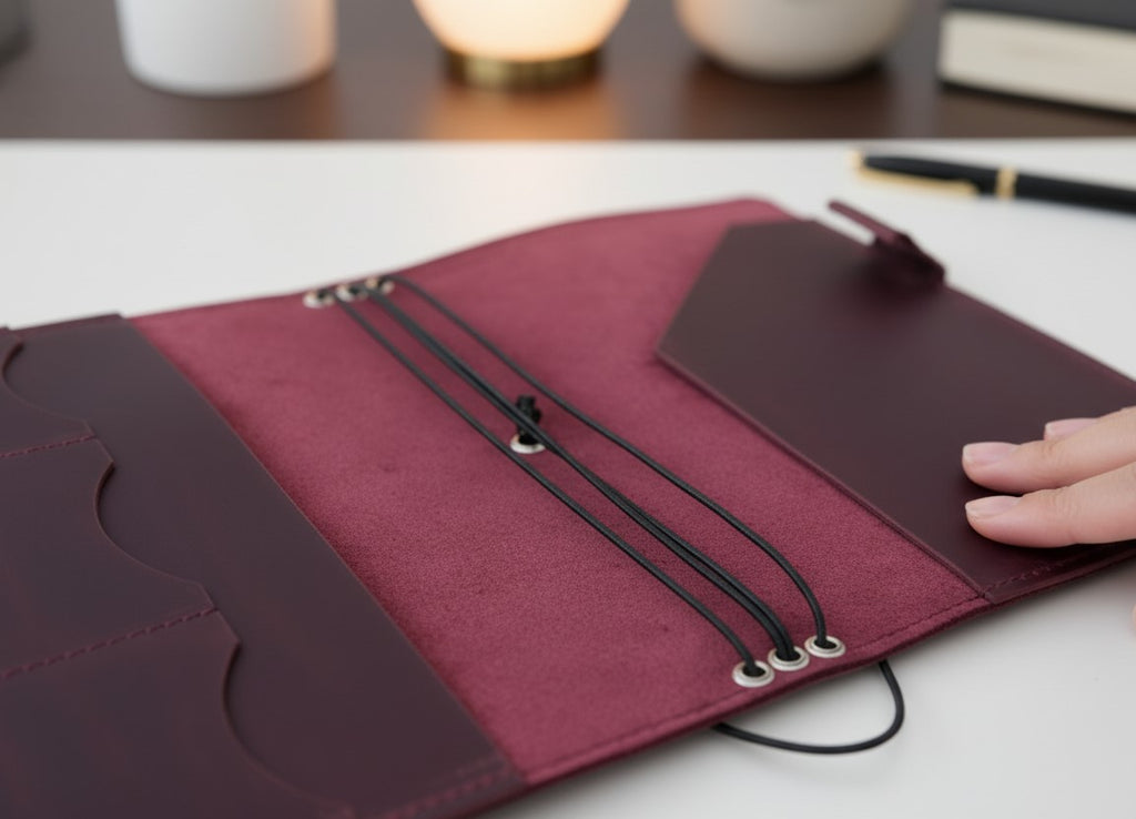 Burgundy Leather Journal Organizer with Card Slots – Executive Refillable Notebook Cover