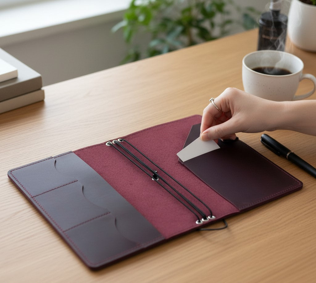 Burgundy Leather Journal Organizer with Card Slots – Executive Refillable Notebook Cover