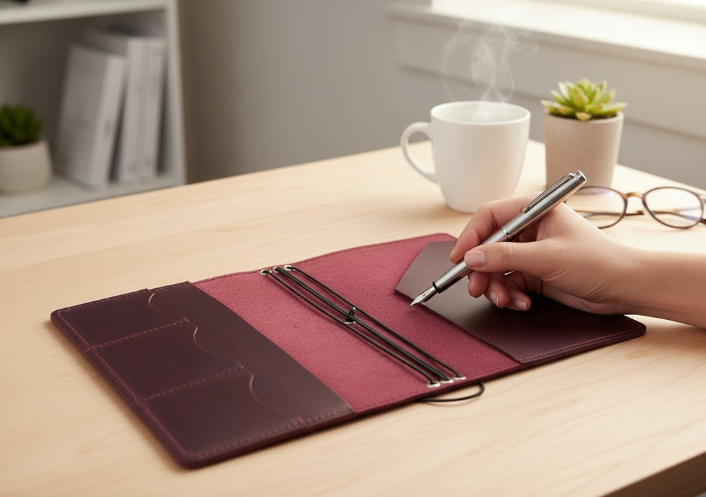 Burgundy Leather Journal Organizer with Card Slots – Executive Refillable Notebook Cover