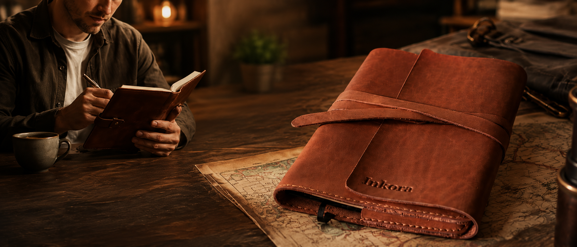 Leather journal cover handcrafted from full-grain crazy horse leather — refillable A5 notebook cover by Inkora